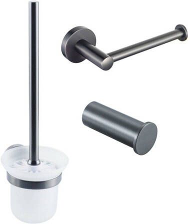 Fortifura Calvi Toiletset 3-delig toiletrolhouder zonder klep toiletborstel handdoekhaak enkel rond Geborsteld Gunmetal PVD SW721173 SW721172 SW1211592