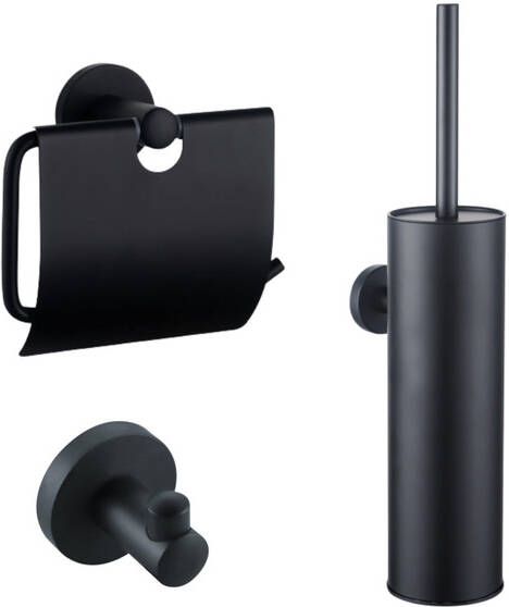 Fortifura Calvi Toiletset toiletborstelhouder gesloten handdoekhaak toiletrolhouder met klep mat zwart SW1183143 SW1111541 SW639932