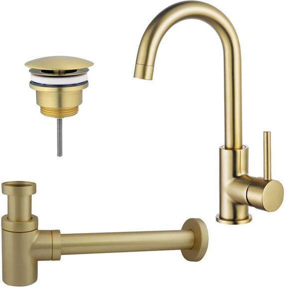 Fortifura Calvi Wastafelkraanset hoge wastafelkraan draaibare uitloop always open plug verlaagde design sifon Geborsteld Messing PVD (Goud) SW809349 SW696208 SW696218