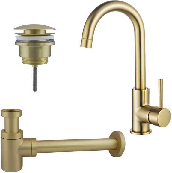 Fortifura Calvi Wastafelkraanset hoge wastafelkraan draaibare uitloop klikwaste plug verlaagde design sifon Geborsteld Messing PVD (Goud) SW809349 SW696202 SW696218