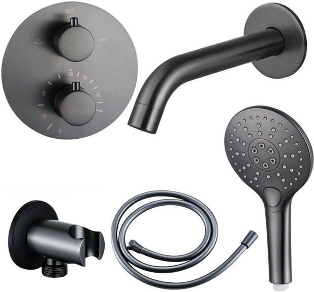 Fortifura Calvi Badkraan set uitloop 22cm inkortbaar rond bedienigspaneel gladde slang ronde handdouche inbouwdeel wandhouder geborsteld gunmetal PVD SW721165 SW766536 SW799451 SW1122514 SW1159495 SW1