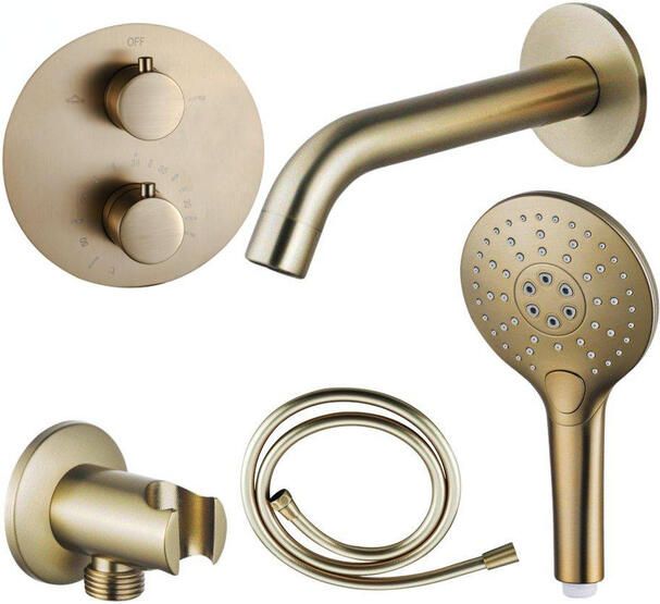 Fortifura Calvi Badkraan set uitloop 22cm inkortbaar rond bedieningspaneel gladde slang ronde handdouche inbouwdeel wandhouder geborsteld messing SW720569 SW728176 SW799451 SW1122513 SW720570 SW11