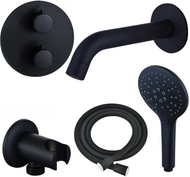 Fortifura Calvi Badkraan set uitloop 22cm inkortbaar rond bedieningspaneel gladde slang ronde handdouche inbouwdeel wandhouder mat zwart SW542644 SW706210 SW721167 SW1122511 SW496816 SW11