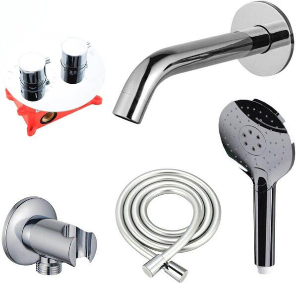 Fortifura Calvi Badkraan set uitloop 22cm inkortbaar rond bedieningspaneel gladde slang ronde handdouche inbouwdeel wandhouder chroom SW542643 SW706209 SW721166 SW1122510 SW496814 SW11