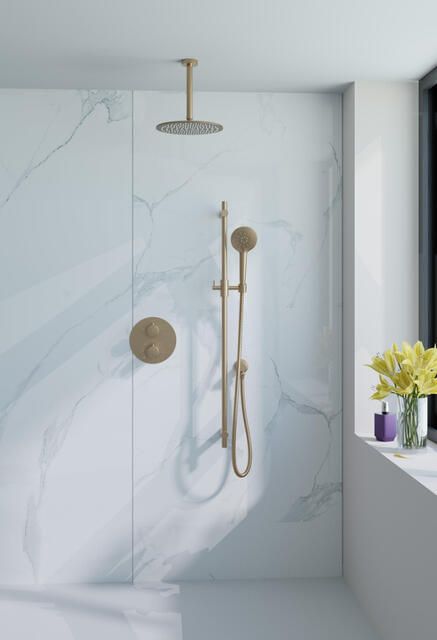 Fortifura Calvi Inbouw Regendoucheset rond thermostatisch plafondarm glijstang 25cm hoofddouche ronde handdouche gladde slang Geborsteld Messing PVD (Goud) SW728176 SW720555 SW720557 SW1183046 SW721169 SW76