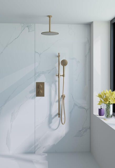 Fortifura Calvi Inbouw Regendoucheset thermostatisch plafondarm glijstang 30cm hoofddouche ronde handdouche metalen doucheslang geborsteld Messing PVD (Goud) SW706206 SW1139122 SW720557 SW720569 SW1159494 SW7