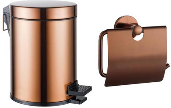 Fortifura Calvi toilet accessoireset toiletrolhouder met klep pedaalemmer 5 liter geborsteld koper SW1183148 SW1111581