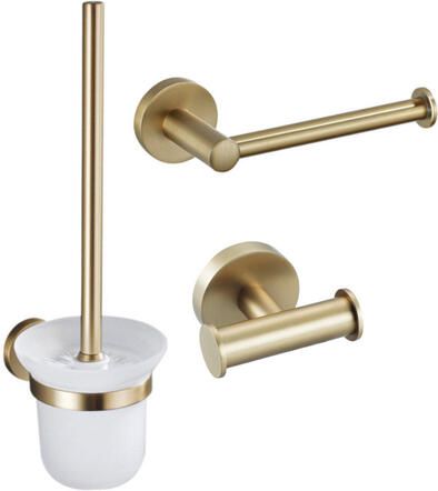 Fortifura Calvi Toiletset 3-delig toiletrolhouder zonder klep toiletborstel handdoekhaak dubbel rond Geborsteld Messing PVD (Goud) SW639940 SW639941 SW1248399