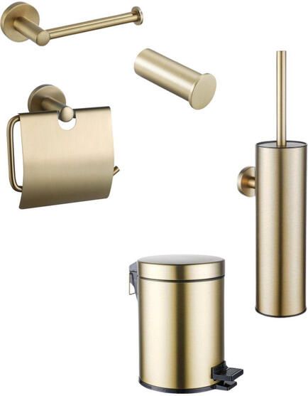 Fortifura Calvi Toiletset 5-delig toiletrolhouder reserverolhouder toiletborstelhouder handdoekhaak pedaalemmer Geborsteld Messing PVD SW1183146 SW639941 SW1111543 SW1211588 SW1111579