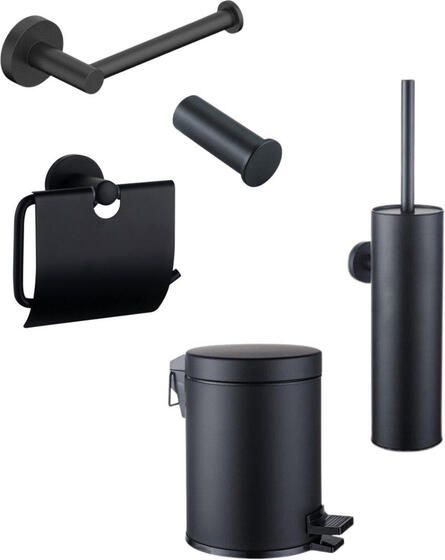 Fortifura Calvi Toiletset 5-delig toiletrolhouder reserverolhouder toiletborstelhouder handdoekhaak pedaalemmer mat zwart SW1183143 SW639935 SW1111541 SW1211586 SW1111577