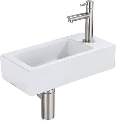 Fortifura Fuente fonteinset 36x18.5x9cm 1 kraangat rechts solid surface fonteinkraan RVS geborsteld mat wit SW696237 SW696217 SW705498