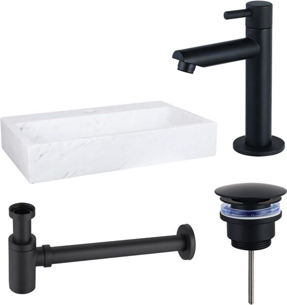 Fortifura Fuente fonteinset 38x24x8cm 1 kraangat marmer fonteinkraan zwart mat wit SW1111481