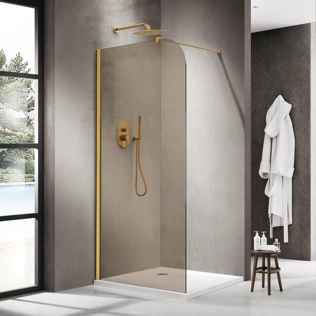 Fortifura Galeria Inloopdouche 90x200cm afgeronde glaswand rook glas wandarm geborsteld messing PVD (Goud) SW1418364 SW797910