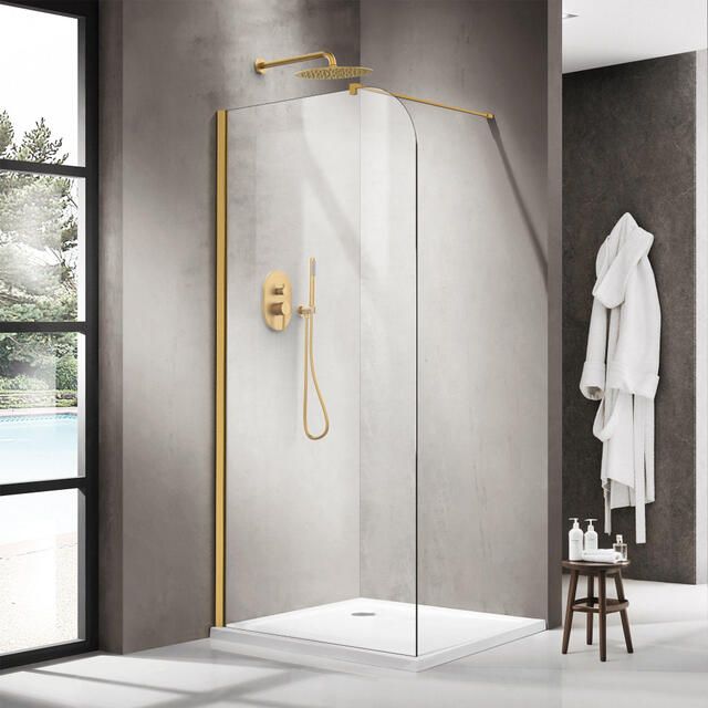 Fortifura Galeria Inloopdouche 90x200cm afgeronde glaswand helder glas wandarm geborsteld messing PVD (Goud) SW1418379 SW797910