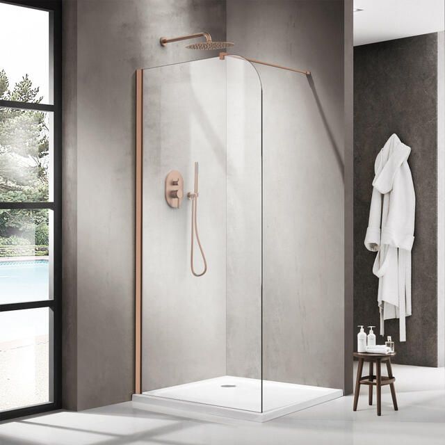 Fortifura Galeria Inloopdouche 100x200cm afgeronde glaswand helder glas wandarm geborsteld koper PVD SW1418380 SW876702