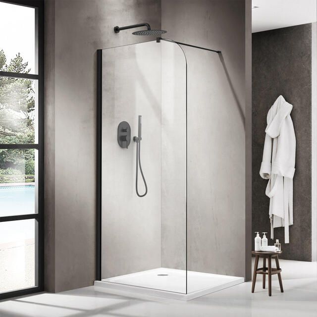 Fortifura Galeria Inloopdouche 90x200cm afgeronde glaswand helder glas wandarm mat zwart SW1418379 SW797905