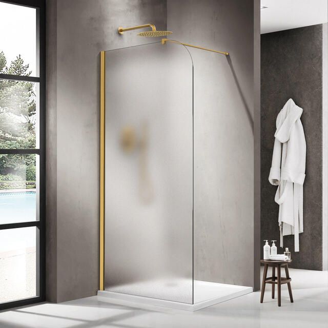 Fortifura Galeria Inloopdouche 100x200cm afgeronde glaswand links mat glas wandarm geborsteld messing PVD (Goud) SW1418375 SW797910