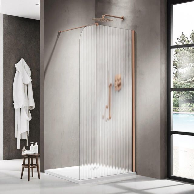 Fortifura Galeria Inloopdouche 100x200cm afgeronde glaswand links mat glas wandarm geborsteld koper PVD SW1418375 SW876702