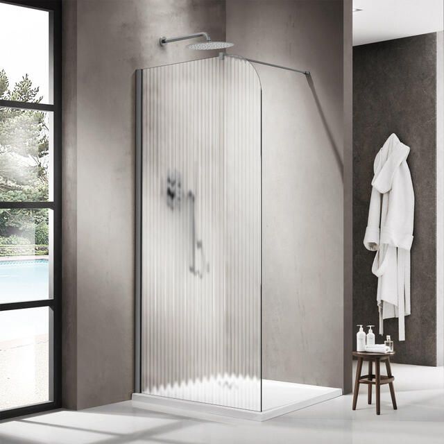 Fortifura Galeria Inloopdouche 140x200cm afgeronde glaswand links ribbel glas wandarm geborsteld gunmetal PVD SW1418373 SW797907