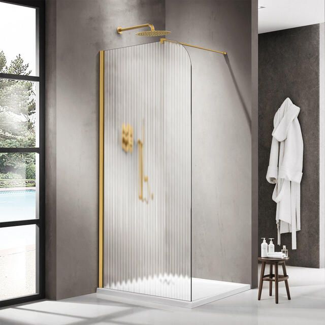 Fortifura Galeria Inloopdouche 90x200cm afgeronde glaswand links ribbel glas wandarm geborsteld messing PVD (Goud) SW1418369 SW797910
