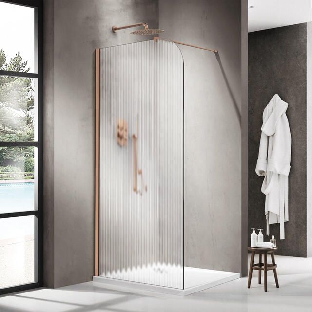 Fortifura Galeria Inloopdouche 100x200cm afgeronde glaswand links ribbel glas wandarm geborsteld koper PVD SW1418370 SW876702