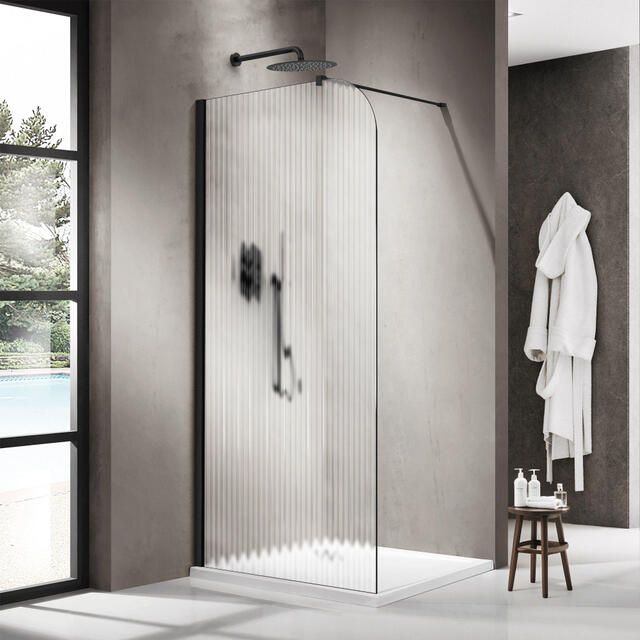 Fortifura Galeria Inloopdouche 140x200cm afgeronde glaswand links ribbel glas wandarm mat zwart SW1418373 SW797905