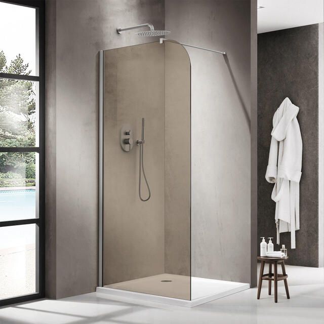 Fortifura Galeria Inloopdouche 120x200cm afgeronde glaswand rook glas wandarm geborsteld RVS PVD SW1418367 SW797908