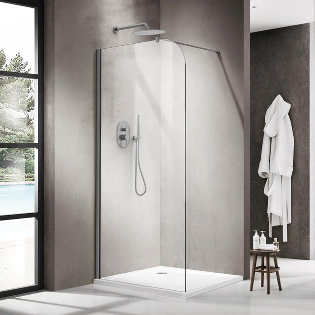 Fortifura Galeria Inloopdouche 90x200cm afgeronde glaswand helder glas wandarm geborsteld gunmetal PVD SW1418379 SW797907