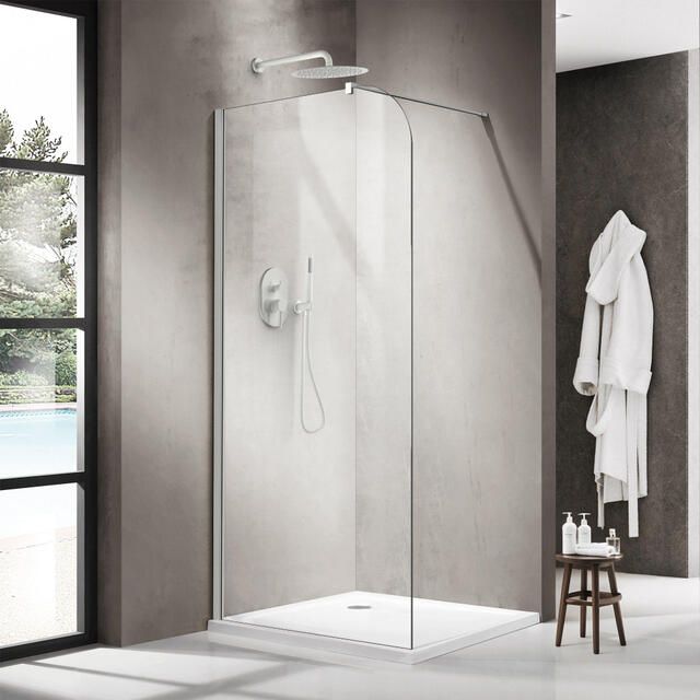 Fortifura Galeria Inloopdouche 140x200cm afgeronde glaswand helder glas wandarm mat wit SW1418383 SW797906