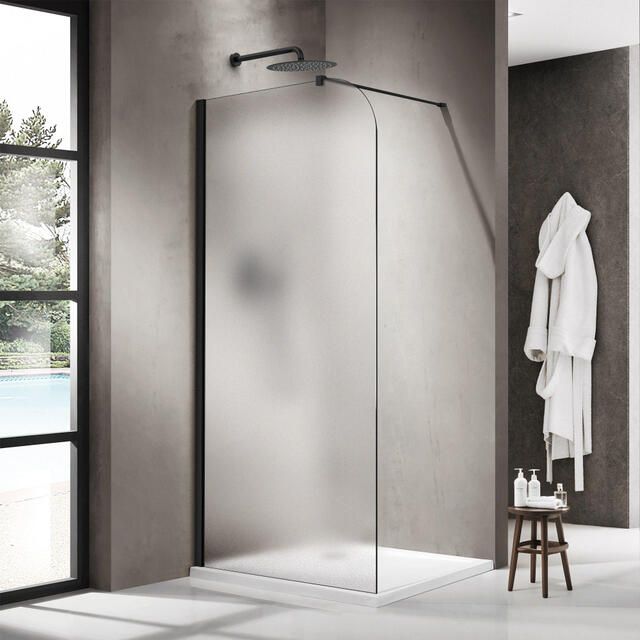 Fortifura Galeria Inloopdouche 90x200cm afgeronde glaswand links mat glas wandarm mat zwart SW1418374 SW797905
