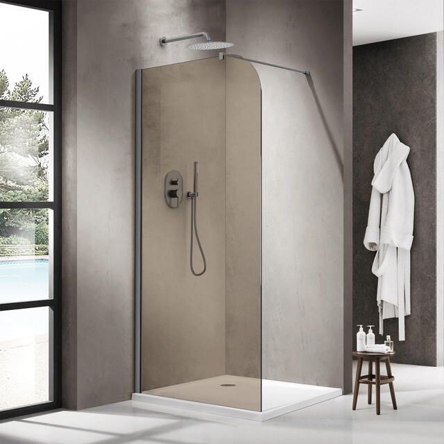 Fortifura Galeria Inloopdouche 90x200cm afgeronde glaswand rook glas wandarm geborsteld gunmetal PVD SW1418364 SW797907