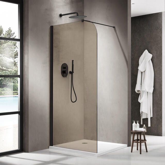 Fortifura Galeria Inloopdouche 110x200cm afgeronde glaswand rook glas wandarm mat zwart SW1418366 SW797905