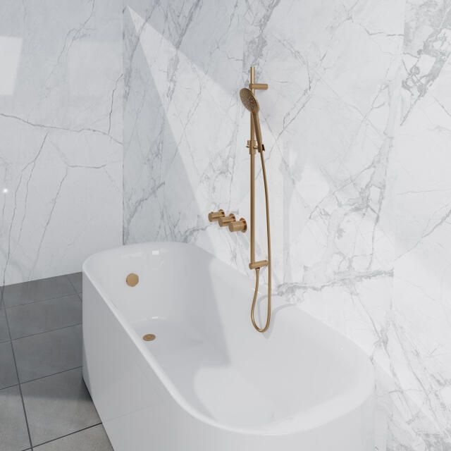 Fortifura Nebbio Badcombinatie-set thermostaatkraan glijstang met geïntegreerde wandaansluitbocht metalen doucheslang ronde handdouche badvulcombinatie geborsteld messing PVD (goud) SW1183067 SW1111531 SW706206 SW799449 SW1108811 SW