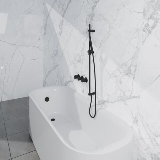 Fortifura Nebbio Badcombinatie-set thermostaatkraan glijstang met geïntegreerde wandaansluitbocht gladde doucheslang staaf handdouche badvulcombinatie mat zwart SW1183065 SW1111528 SW706210 SW496811 SW1108811 SW