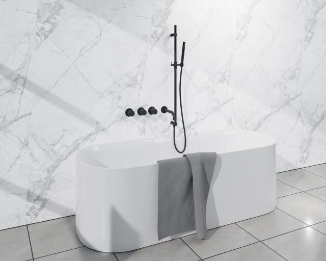 Fortifura Nebbio Badcombinatie-set thermostaatkraan glijstang met geïntegreerde wandaansluitbocht metalen doucheslang staaf handdouche uitloop mat zwart SW1183065 SW1111528 SW706203 SW496811 SW1183076 SW