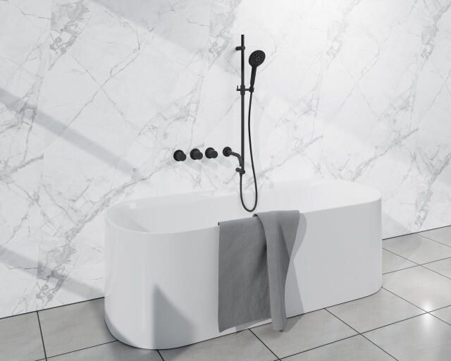 Fortifura Nebbio Badcombinatie-set thermostaatkraan glijstang geïntegreerde wandaansluitbocht gladde doucheslang ronde handdouche uitloop mat zwart SW1183065 SW1111528 SW706210 SW496816 SW1183076 SW