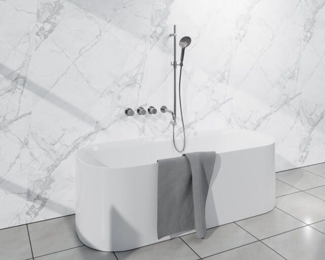 Fortifura Nebbio Badcombinatie-set thermostaatkraan glijstang met geïntegreerde wandaansluitbocht metalen doucheslang ronde handdouche uitloop chroom SW1183064 SW1111526 SW767373 SW496814 SW1183076 SW