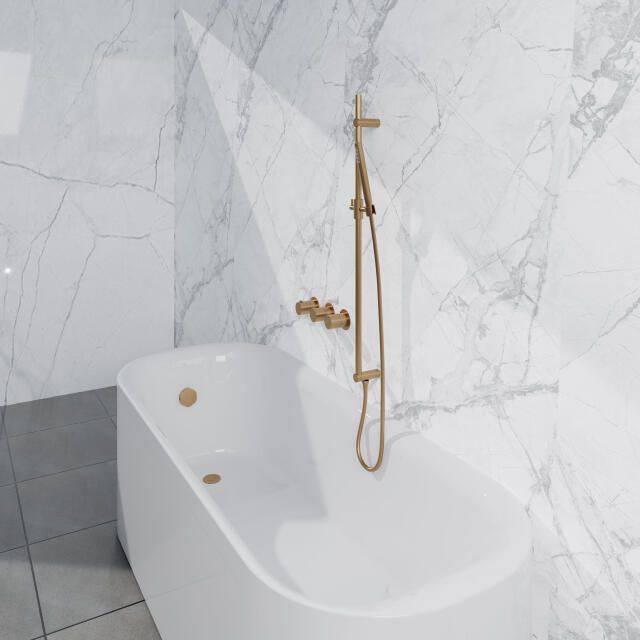 Fortifura Nebbio Badcombinatie-set thermostaatkraan glijstang met geïntegreerde wandaansluitbocht gladde doucheslang staaf handdouche badvulcombinatie geborsteld messing PVD (goud) SW1183067 SW1111531 SW728176 SW720570 SW1108811SW1