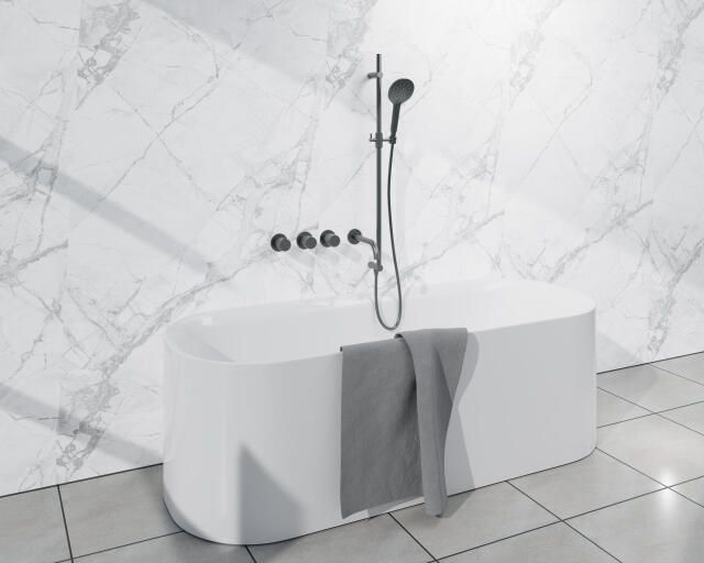 Fortifura Nebbio Badcombinatie-set thermostaatkraan glijstang geïntegreerde wandaansluitbocht gladde doucheslang ronde handdouche uitloop gunmetal SW1183068 SW1111532 SW721165 SW799451 SW1183076 SW