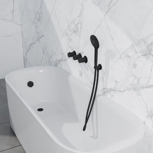 Fortifura Nebbio Badcombinatie-set thermostaatkraan wandaansluitbocht met handdouchehouder gladde doucheslang ronde handdouche badvulcombinatie mat zwart SW1183065 SW1183076 SW1183078 SW542644 SW706210 SW