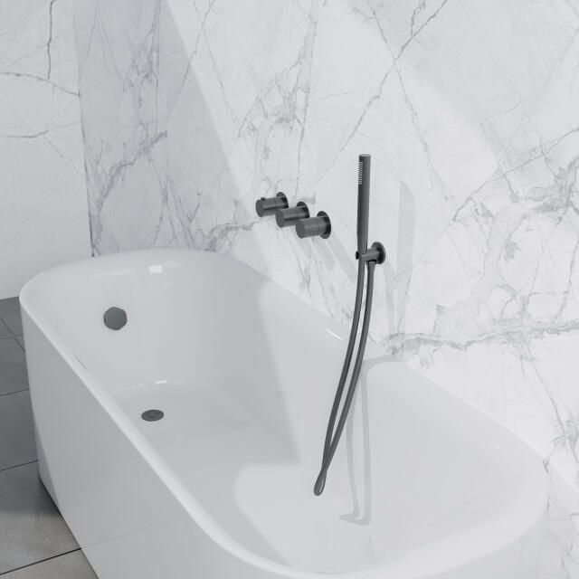 Fortifura Nebbio Badcombinatie-set thermostaatkraan wandaansluitbocht met handdouchehouder gladde doucheslang staaf handdouche badvulcombinatie geborsteld gunmetal PVD SW1183068 SW1183076 SW1183081 SW766536 SW721165 SW