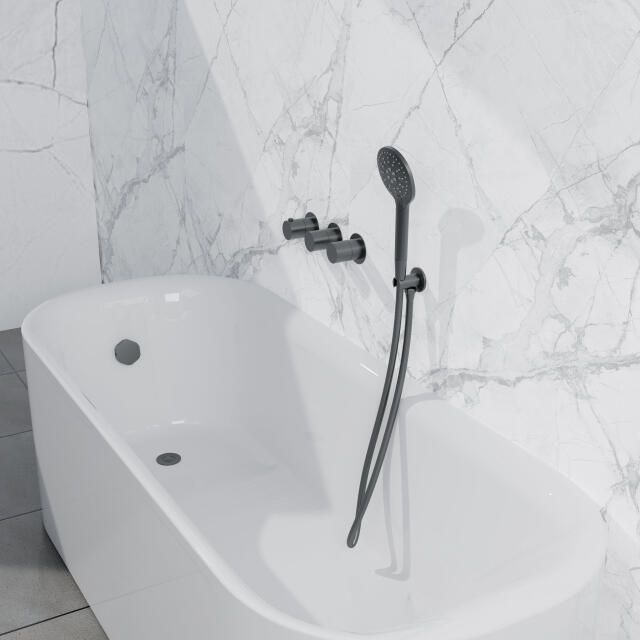 Fortifura Nebbio Badcombinatie-set thermostaatkraan wandaansluitbocht met handdouchehouder metalen doucheslang ronde handdouche badvulcombinatie geborsteld gunmetal PVD SW1183068 SW1183076 SW1183081 SW766536 SW706207 SW