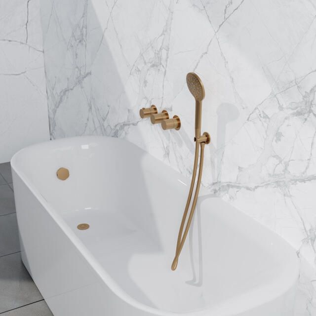 Fortifura Nebbio Badcombinatie-set thermostaatkraan wandaansluitbocht met handdouchehouder metalen doucheslang ronde handdouche badvulcombinatie geborsteld messing PVD (goud) SW1183067 SW1183076 SW1183080 SW720569 SW706206 SW