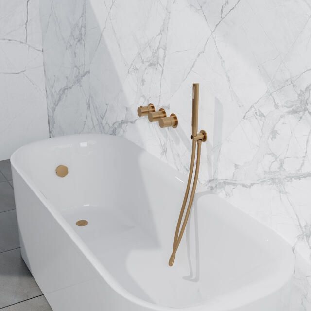 Fortifura Nebbio Badcombinatie-set thermostaatkraan wandaansluitbocht met handdouchehouder metalen doucheslang staaf handdouche badvulcombinatie geborsteld messing PVD (goud) SW1183067 SW1183076 SW1183080 SW720569 SW706206 SW