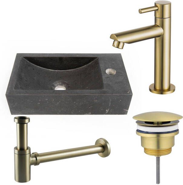 Fortifura Fuente fonteinset 22x40x10cm 1 kraangat rechts natuursteen fonteinkraan Geborsteld Messing PVD (Goud) donker SW696238 SW696208 SW696218 SW728242