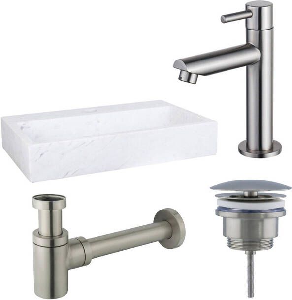 Fortifura Fuente fonteinset 38x24cm 1 kraangat marmer fonteinkraan RVS geborsteld wit SW696237 SW696207 SW696217 SW451336
