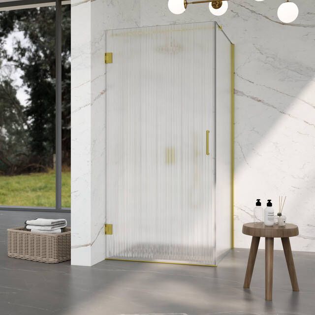 Fortifura Galeria Douchecabine 100x100x200cm scharnieren deurgreep stabilisatiestang helder geribbeld veiligheidsglas Geborsteld messing PVD (Goud) SW1208822 SW1122564 SW797910 SW797955