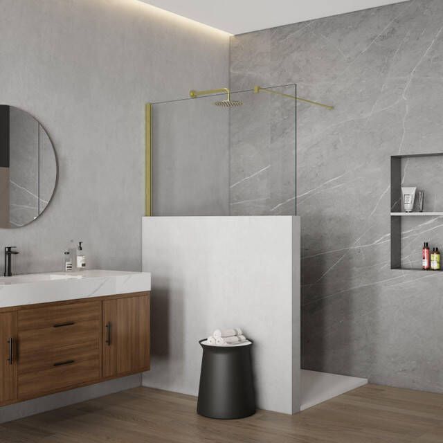 Fortifura Galeria Halfhoge Inloopdouche 100x80cm helder glas 8mm nano met profiel en stabilisatiestang Geborsteld Messing PVD (Goud) SW1235435 SW797910