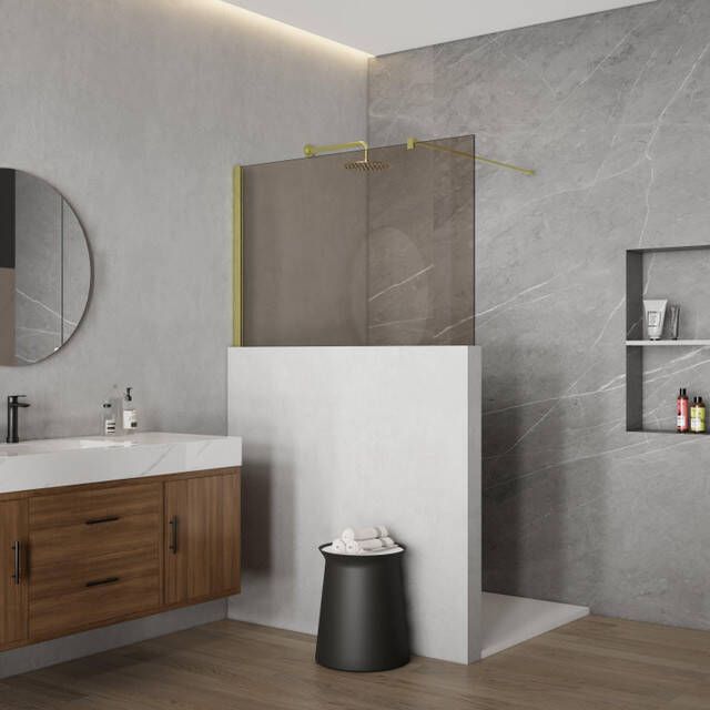 Fortifura Galeria Halfhoge Inloopdouche 100x80cm rookglas 8mm nano met profiel en stabilisatiestang Geborsteld Messing PVD (Goud) SW797910 SW1235444