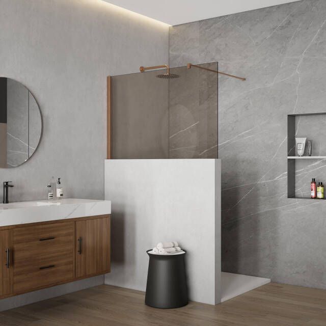 Fortifura Galeria Halfhoge Inloopdouche 140x80cm rookglas 8mm nano met profiel en stabilisatiestang Geborsteld koper PVD (Koper) SW876702 SW1235447